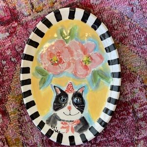 Handmade Ceramic Original Cat with Flowers Serving Tray 13.5”x10”
